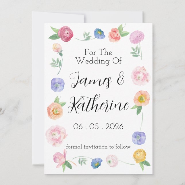 Spring Watercolor Floral Save The Date Card (Back)