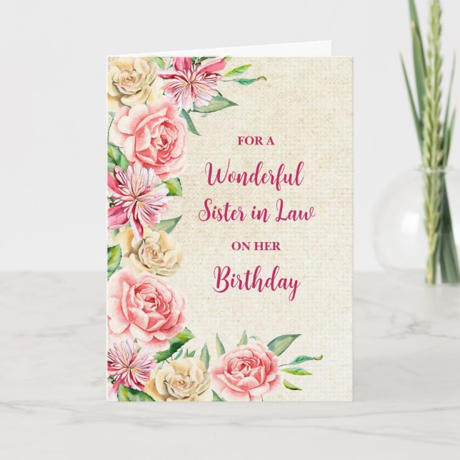 Spring Watercolor Flowers Sister in Law Birthday Card (Front)