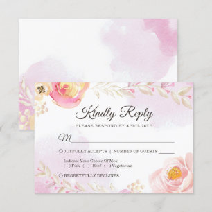 Spring Watercolor Girly Pink & Gold Wedding RSVP Card