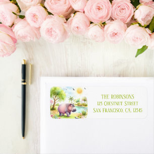 Spring Watercolor Hippopotamus Return Address Label