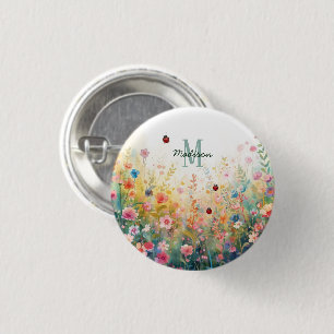 Spring Watercolor ladybug Floral Monogram Wildflow 3 Cm Round Badge