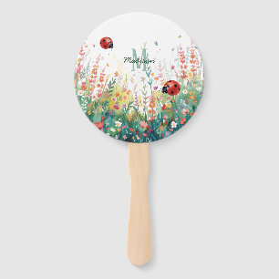 Spring Watercolor ladybug Floral Monogram Wildflow Hand Fan