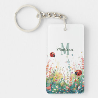 Spring Watercolor ladybug Floral Monogram Wildflow Key Ring