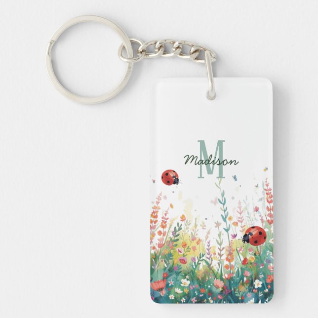 Spring Watercolor ladybug Floral Monogram Wildflow Key Ring (Front)