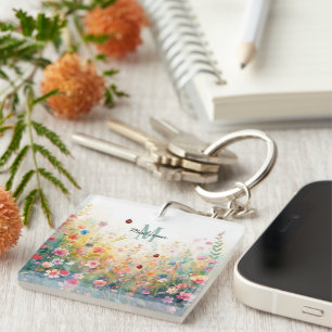 Spring Watercolor ladybug Floral Monogram Wildflow Key Ring