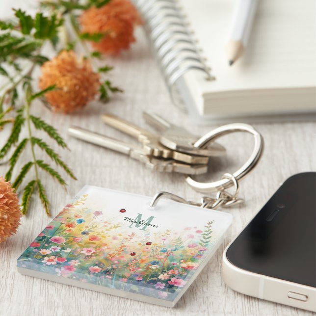 Spring Watercolor ladybug Floral Monogram Wildflow Key Ring (Front Right)