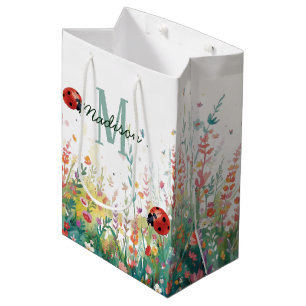 Spring Watercolor ladybug Floral Monogram Wildflow Medium Gift Bag