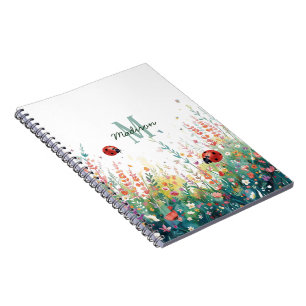 Spring Watercolor ladybug Floral Monogram Wildflow Notebook