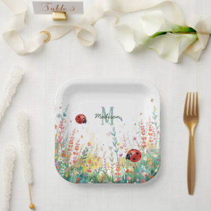 Spring Watercolor ladybug Floral Monogram Wildflow Paper Plate