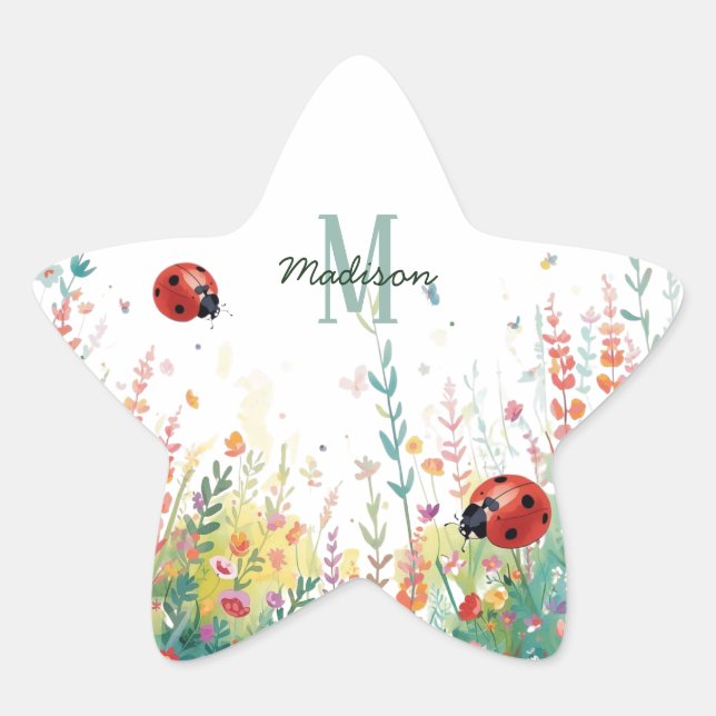 Spring Watercolor ladybug Floral Monogram Wildflow Star Sticker (Front)