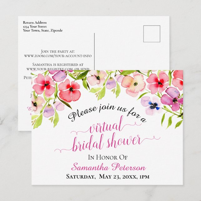 Spring Watercolor Pansies Virtual Bridal Shower Invitation Postcard (Front/Back)