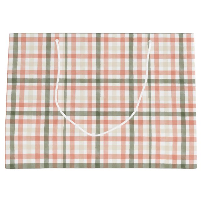 Spring Watercolor Peach Green Plaid Large Gift Bag (Front)