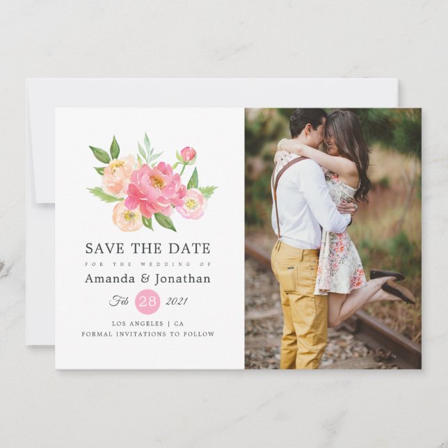 Spring Watercolor Peonies Wedding Photo Save The Date (Front)