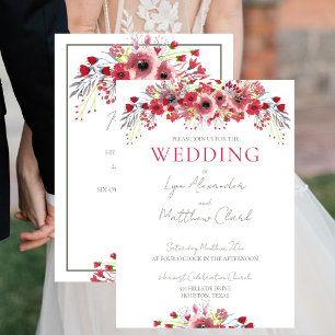 Spring Watercolor Poppy Red Flowers Wedding Invitation