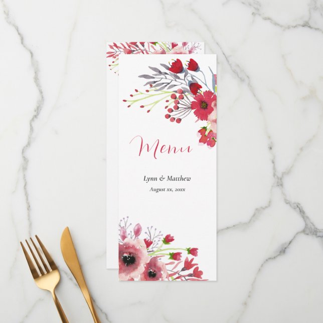 Spring Watercolor Poppy Red Flowers Wedding Menu (Front/Back In Situ)