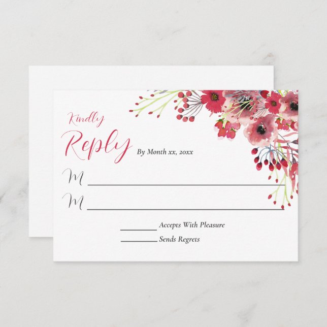 Spring Watercolor Poppy Red Flowers Wedding Reply RSVP Card (Front/Back)