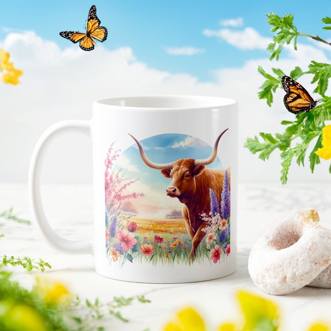 Spring Watercolor Texas Longhorn  Coffee Mug (Creator Uploaded)