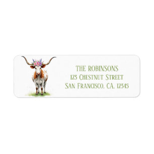 Spring Watercolor Texas Longhorn Floral Crown Return Address Label