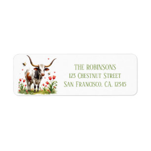 Spring Watercolor Texas Longhorn Tulips Bees Return Address Label