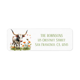 Spring Watercolor Texas Longhorn Tulips Bees Return Address Label