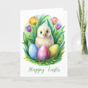 Spring watercolor with cute chicken and dyed eggs holiday card