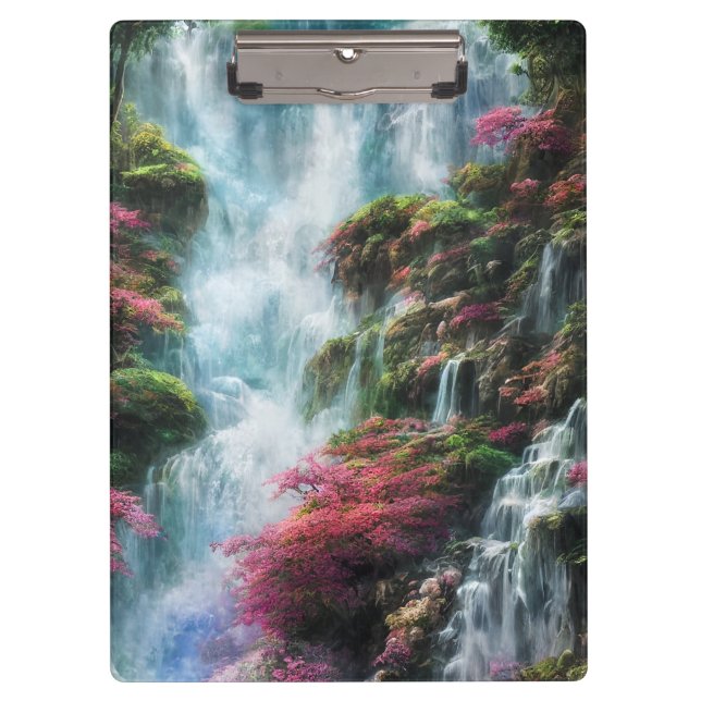Spring Waterfall Mountain Pink Flowers 11 Clipboard (Front)