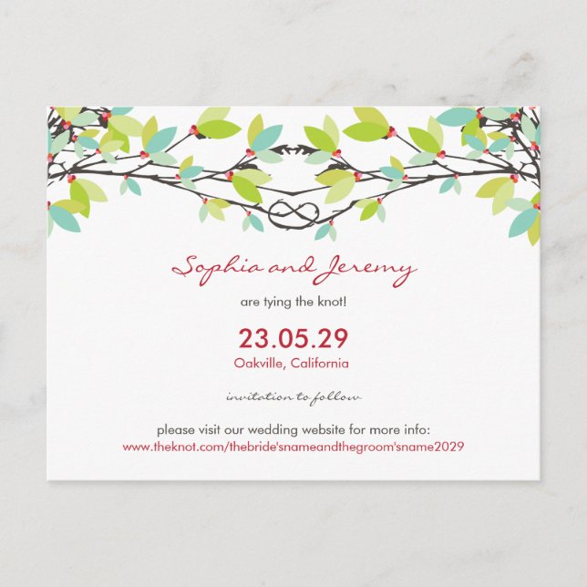 Spring Wedding Knotted Love Trees Save The Date Announcement Postcard (Front)