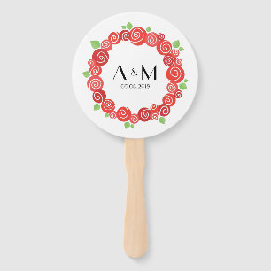 Spring wedding red roses floral date initials hand fan
