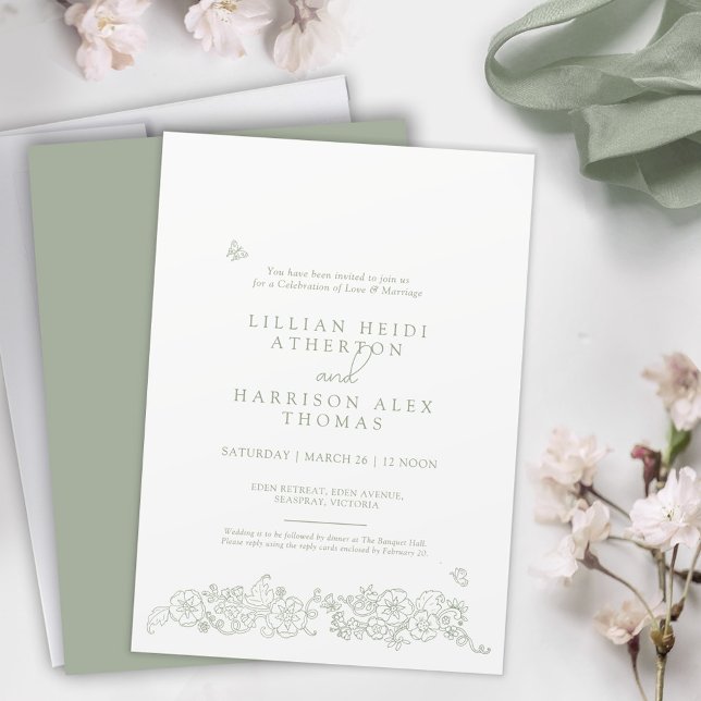 Spring wedding sage green white hand drawn art invitation (Creator Uploaded)