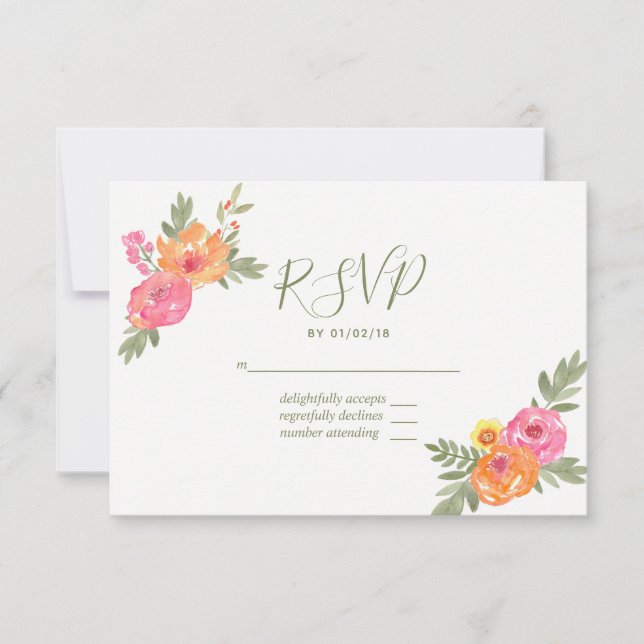 Spring Wedding watercolor flowers RSVP Card (Front)