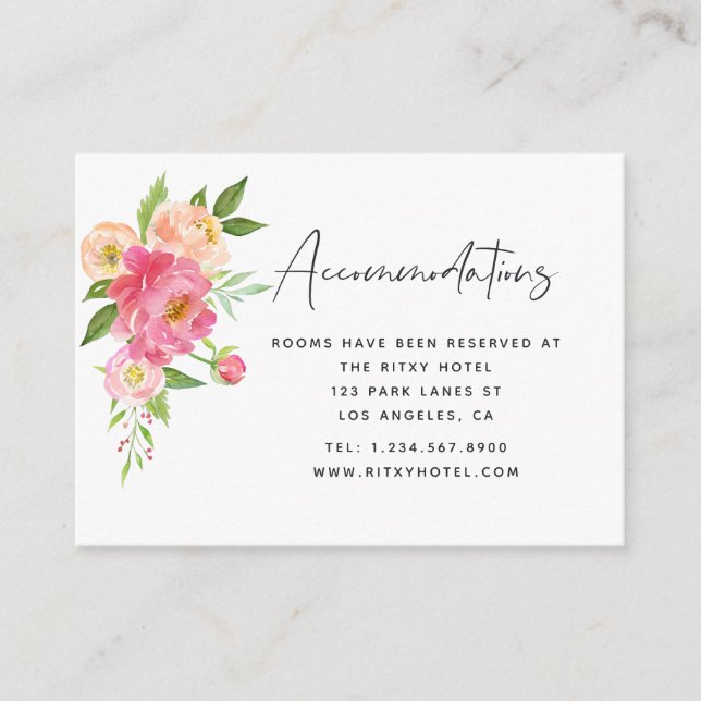 Spring Wedding Watercolor Peonies Accommodations Enclosure Card (Front)