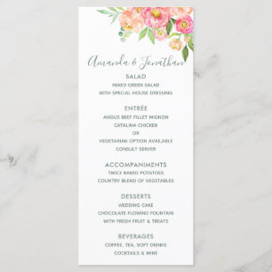 Spring Wedding watercolor Peonies Menu