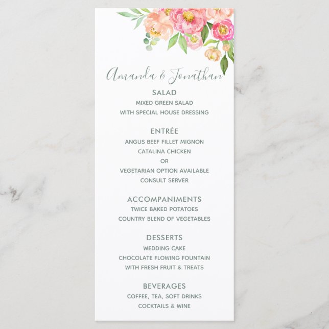 Spring Wedding watercolor Peonies Menu (Front)