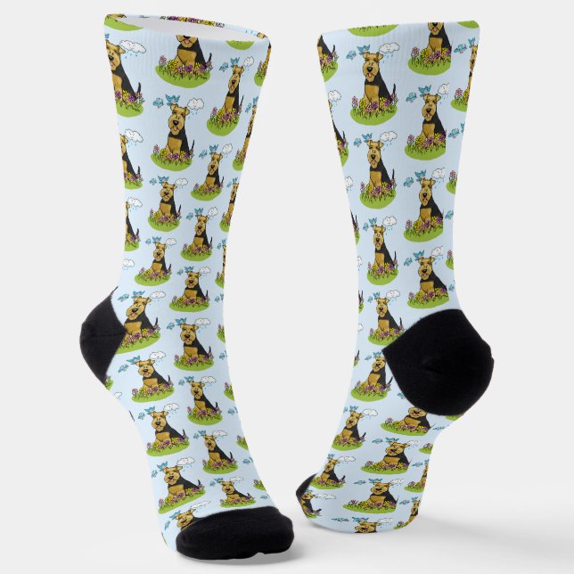 Spring Welsh Terrier Dog with Flowers - Cute Socks (Angled)