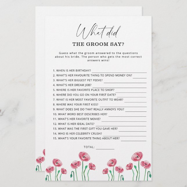 Spring What did the groom say bridal game (Front/Back)