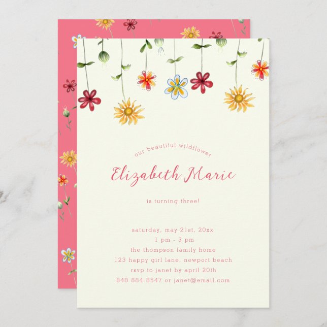Spring Whimsical Wildflower Hot Pink Girl Birthday Invitation (Front/Back)