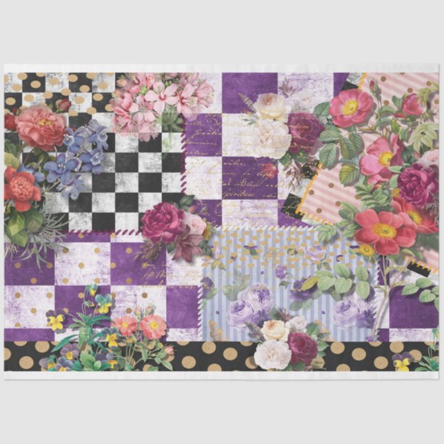 Spring Whimsy Checks Floral Decoupage Tissue Paper (Front)