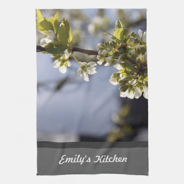 spring white cherry flowering branch tea towel (Vertical)