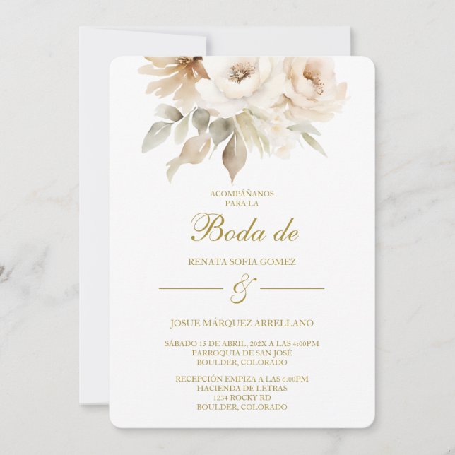 Spring white flower Wedding Invitation in Spanish (Front)