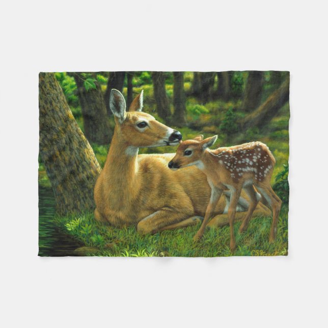 Spring Whitetail Fawn and Mother Deer Fleece Blanket (Front (Horizontal))