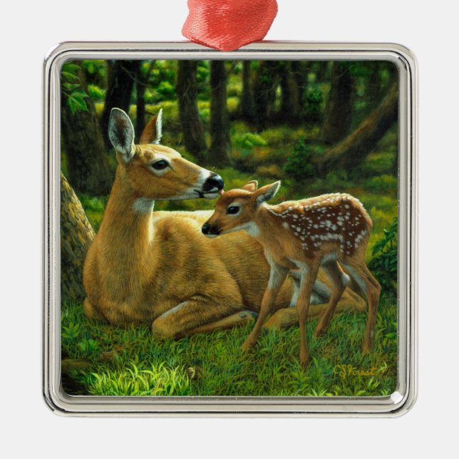 Spring Whitetail Fawn and Mother Deer Metal Tree Decoration (Front)