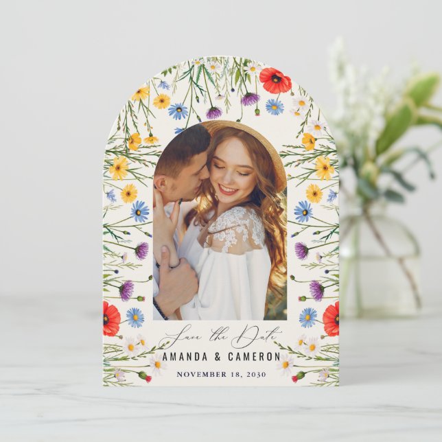 Spring Wild Flower Meadow Photo Wedding  Save The Date (Standing Front)