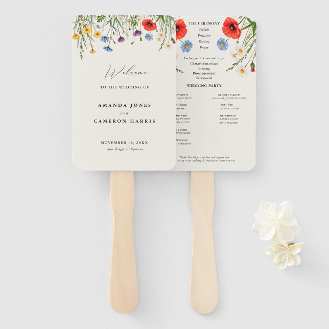 Spring Wild Flower Meadow Wedding Program  Hand Fan (Front and Back)