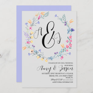 Spring Wild Flower Wreath Pastel Purple Grey Invitation