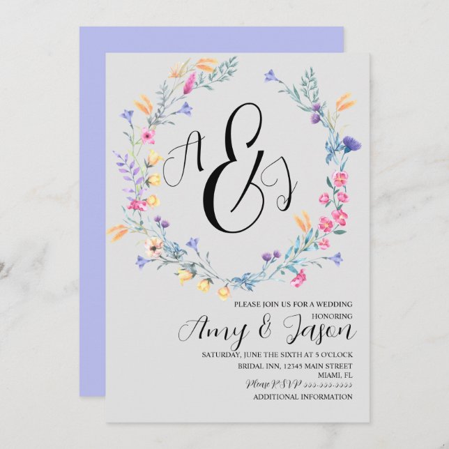 Spring Wild Flower Wreath Pastel Purple Grey Invitation (Front/Back)
