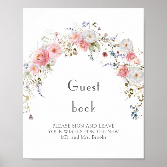 Spring Wildflower Arc Pink White Wedding Guestbook (Front)