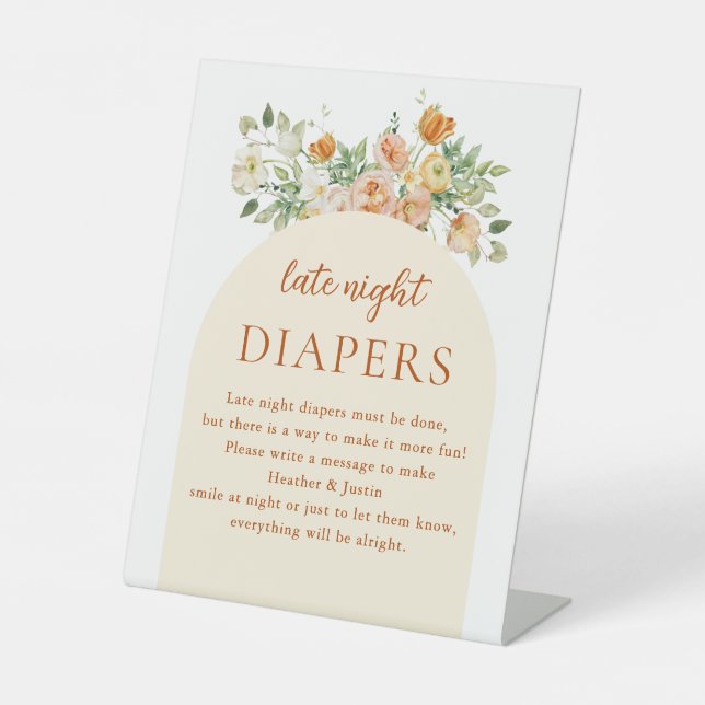 Spring Wildflower Baby Shower Late Night Diapers Pedestal Sign (Front)