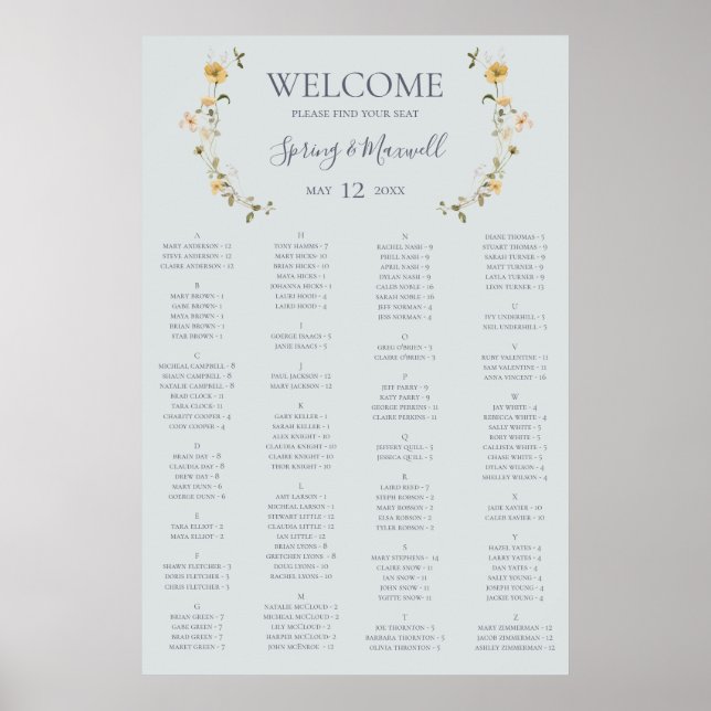 Spring Wildflower Blue Alphabetical Seating Chart (Front)