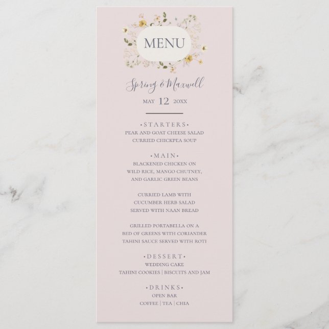 Spring Wildflower | Blush Wedding Dinner Menu (Front)