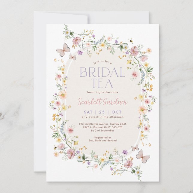 Spring Wildflower Butterfly Bridal Tea Invitation (Front)